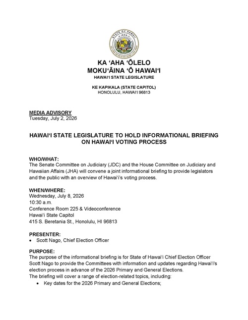 Image of page 1 of media advisory titled 'HAWAIʻI STATE LEGISLATURE TO HOLD INFORMATIONAL BRIEFING ON HAWAIʻI VOTING PROCESS'