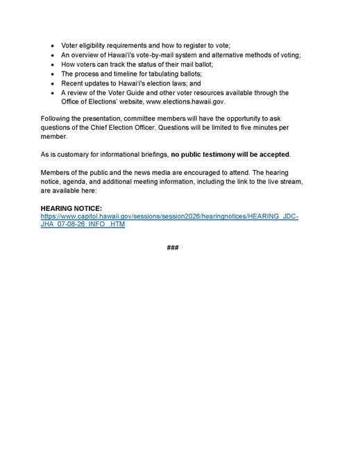 Image of page 2 of media advisory titled 'HAWAIʻI STATE LEGISLATURE TO HOLD INFORMATIONAL BRIEFING ON HAWAIʻI VOTING PROCESS'