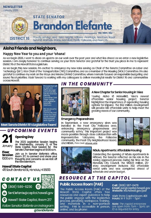 Image of page 1 of Senator Elefante's January 2026 newsletter