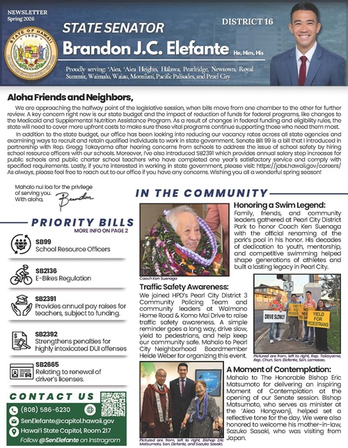 Image of page 1 of Senator Elefante's Spring 2026 newsletter