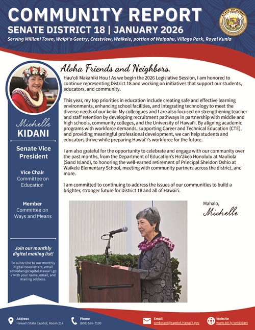 Image of page 1 of Senator Kidani's January 2026 newsletter