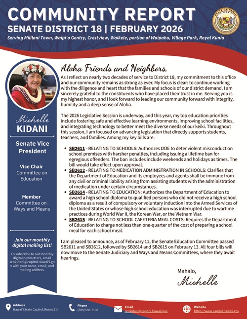 Image of page 1 of Senator Kidani's February 2026 newsletter