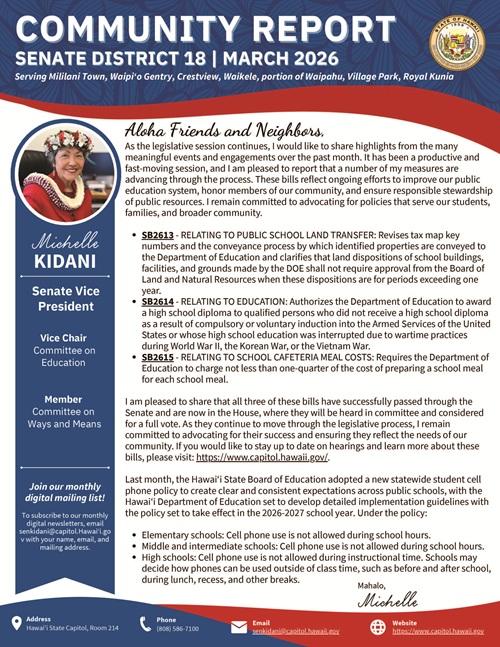 Image of page 1 of Senator Kidani's March 2026 newsletter