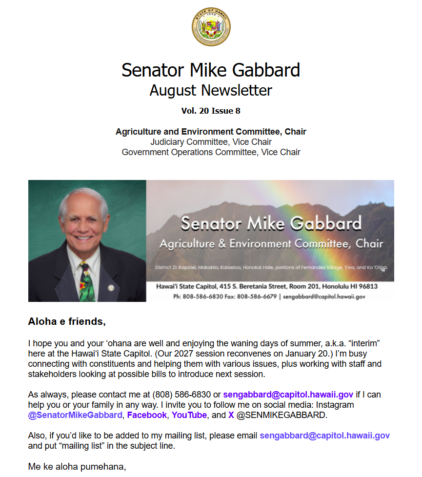 Image of the top of Senator Gabbard's August 2026 Newsletter
