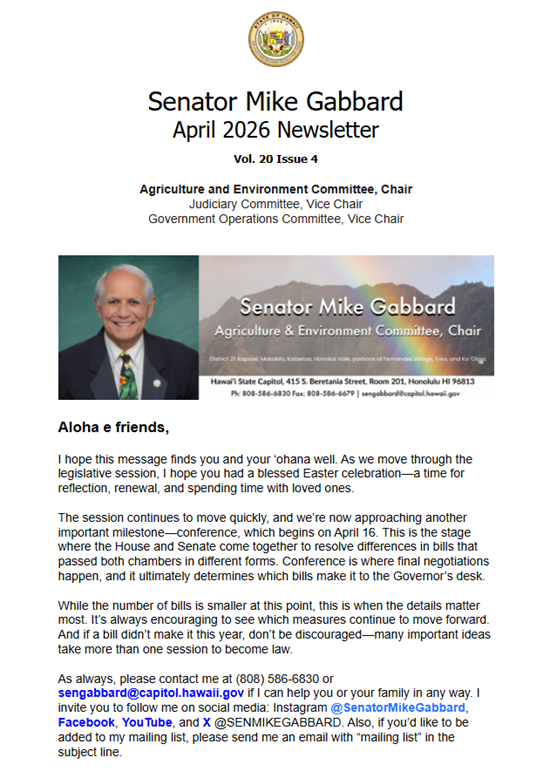 Image of the top of Senator Gabbard's April 2026 Newsletter