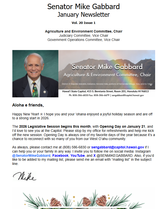 Image of page 1 of Senator Gabbard's January 2026 Newsletter