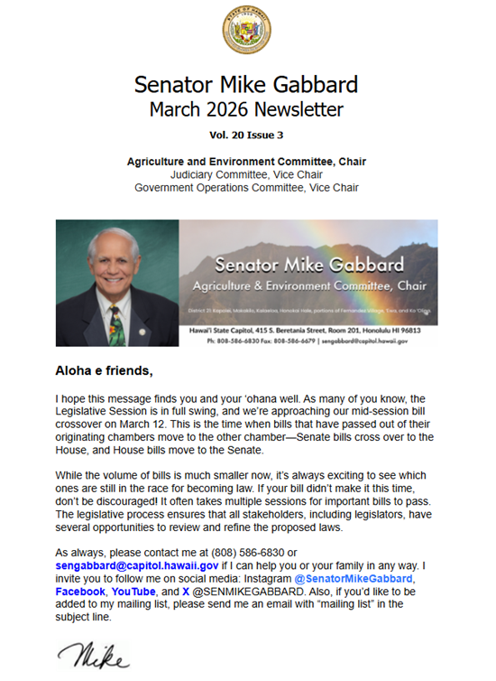 Image of page 1 of Senator Gabbard's March 2026 Newsletter