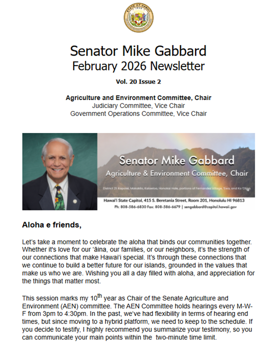 Image of page 1 of Senator Gabbard's February 2026 Newsletter