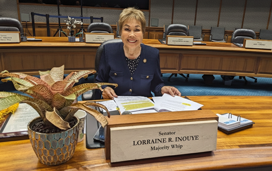 Senator Lorraine Inouye seated at her desk on the Hawaii State Senate floor with highlighted documents, a potted plant, and a nameplate identifying her as a senator and majority whip